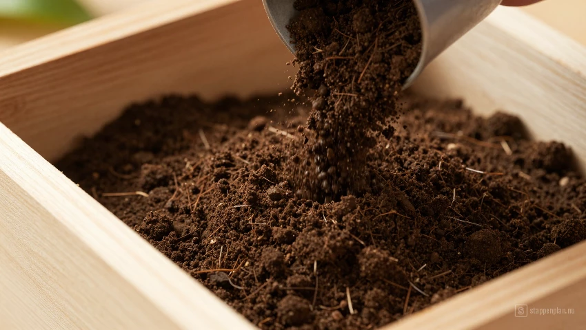 Close-up van aarde die in een box wordt gegoten.