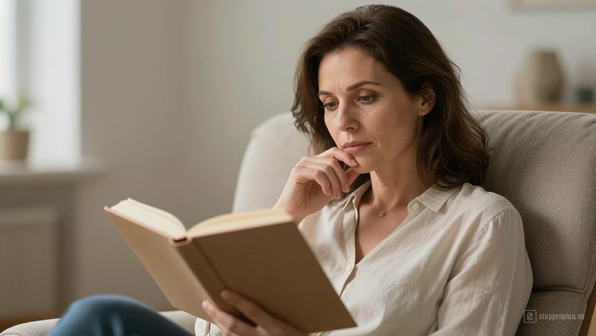 Vrouw leest geconcentreerd in een comfortabele stoel.