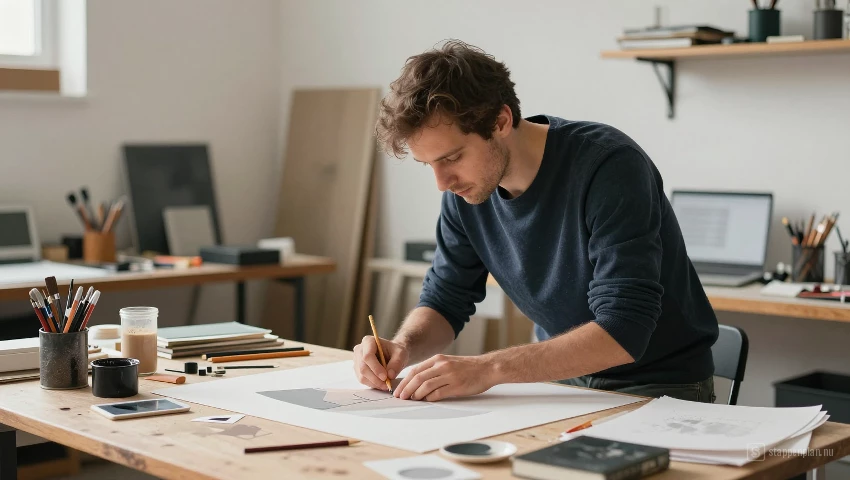 Man werkt aan kunstproject, experimenteert met materialen.