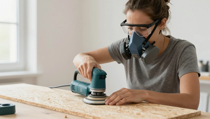 Vrouw schuurt MDF met een schuurmachine.