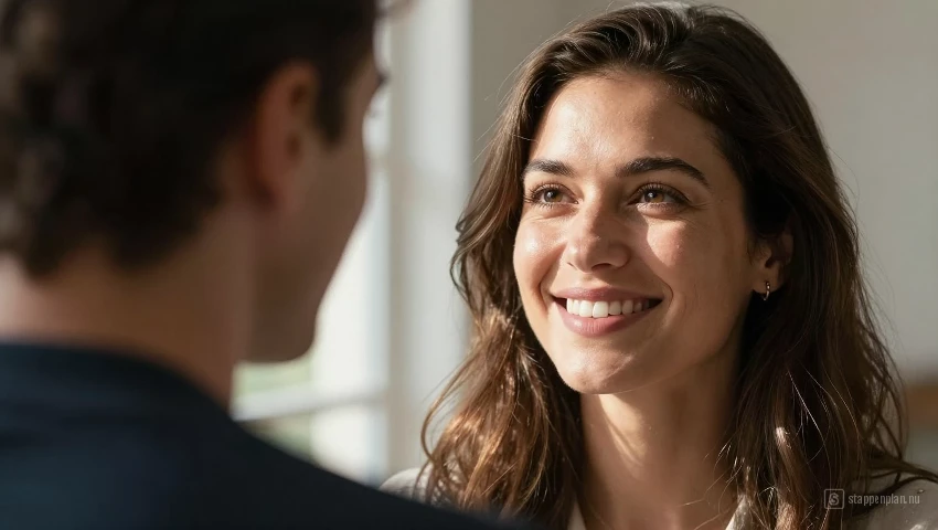Vrouw denkt aan partner’s vriendelijkheid.