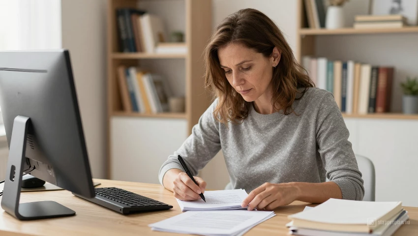 Vrouw redigeert manuscript op computer.