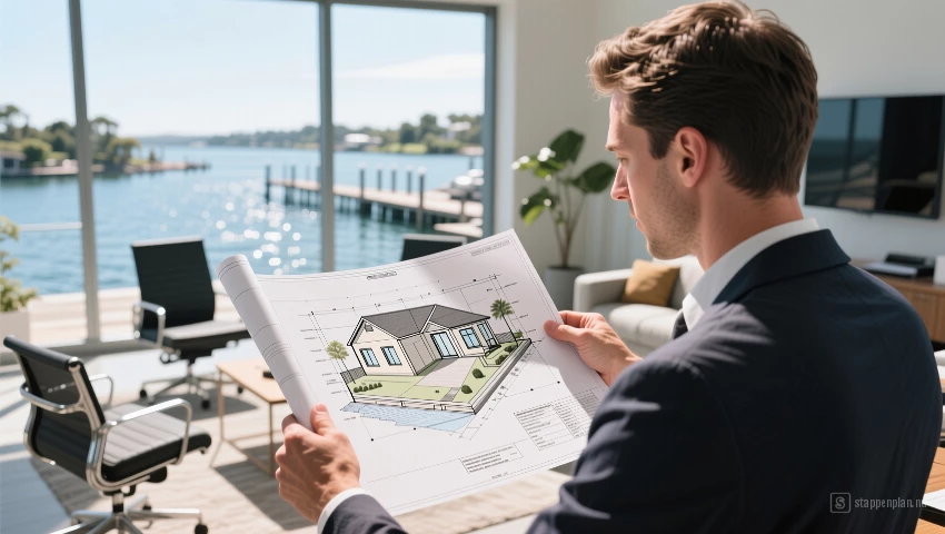 Persoon bekijkt plattegrond van een waterwoning.