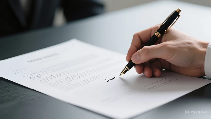 Pen tekent contract, symboliseert overeenkomst.