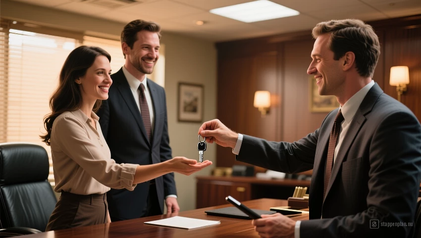 Notaris overhandigt sleutels aan stel.