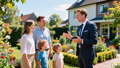 Familie bekijkt tuin met makelaar.