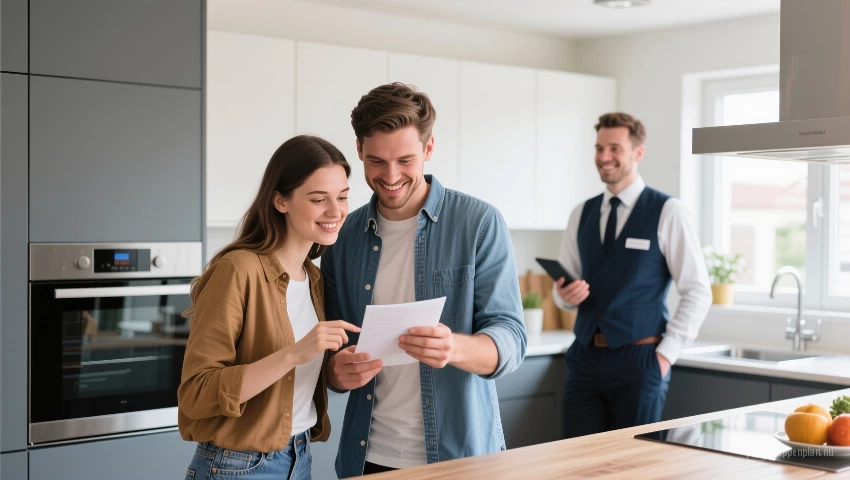 Stel inspecteert keuken tijdens bezichtiging.