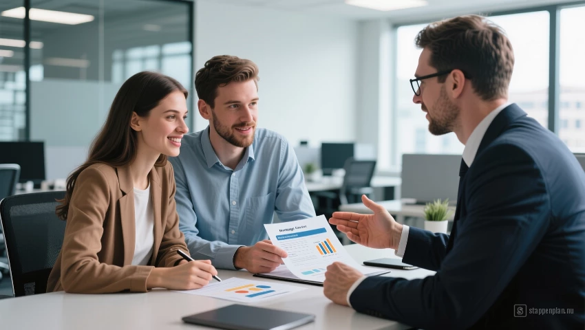Jong koppel bespreekt hypotheek met adviseur.