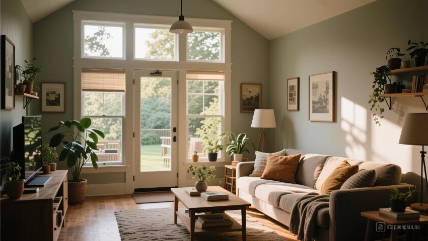 Interieur van een huis met natuurlijk licht, representeert een gezellige woning.