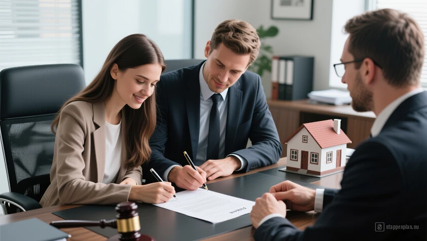 Jong koppel tekent de koopovereenkomst met een notaris.