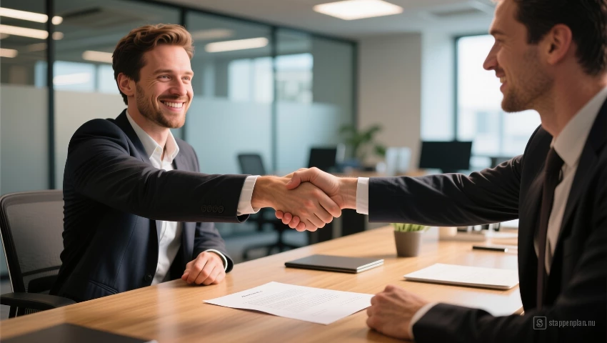 Twee mensen schudden hand over contract.