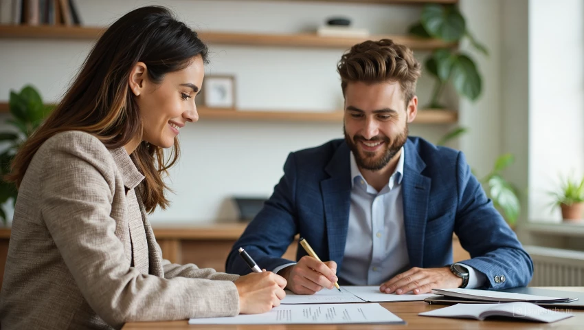 Persoon tekent hypotheekovereenkomst met bankmedewerker.
