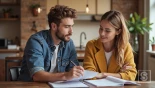 Jong koppel bespreekt budget met financiële documenten aan tafel.