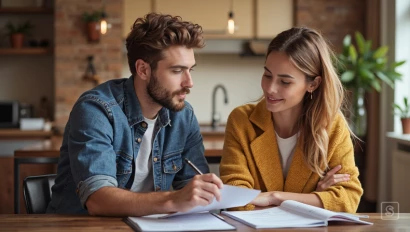 Jong koppel bespreekt budget met financiële documenten aan tafel.