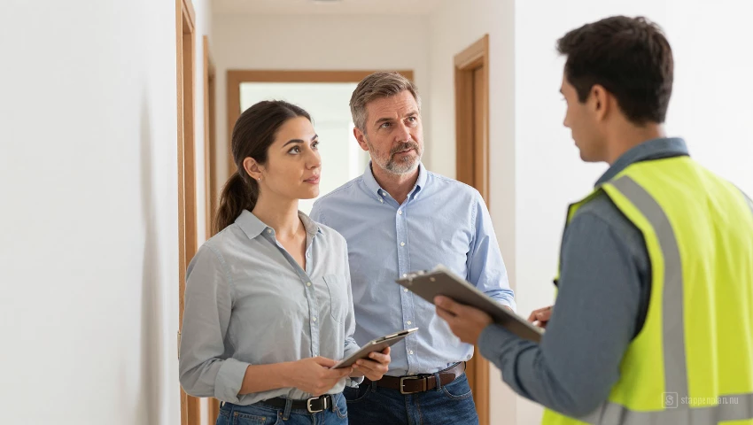 Man en vrouw lopen mee met inspecteur.