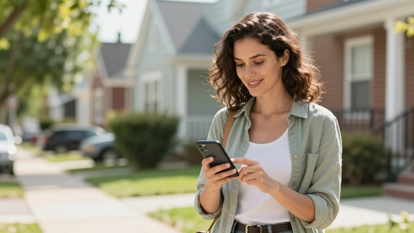 Vrouw zoekt naar huizen op haar smartphone.