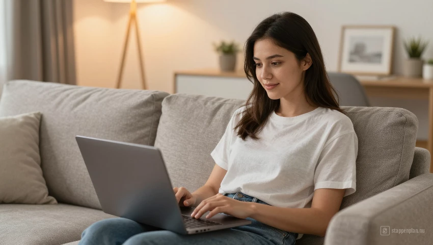 Jonge vrouw zoekt woningen op laptop.