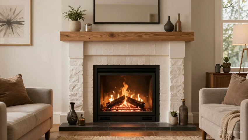 Gezellige woonkamer met open haard, representeert de gewenste sfeer.