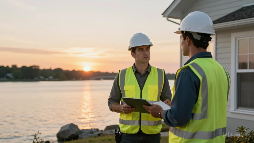 Sfeervolle foto van bouwexpert bij waterwoning tijdens zonsondergang.