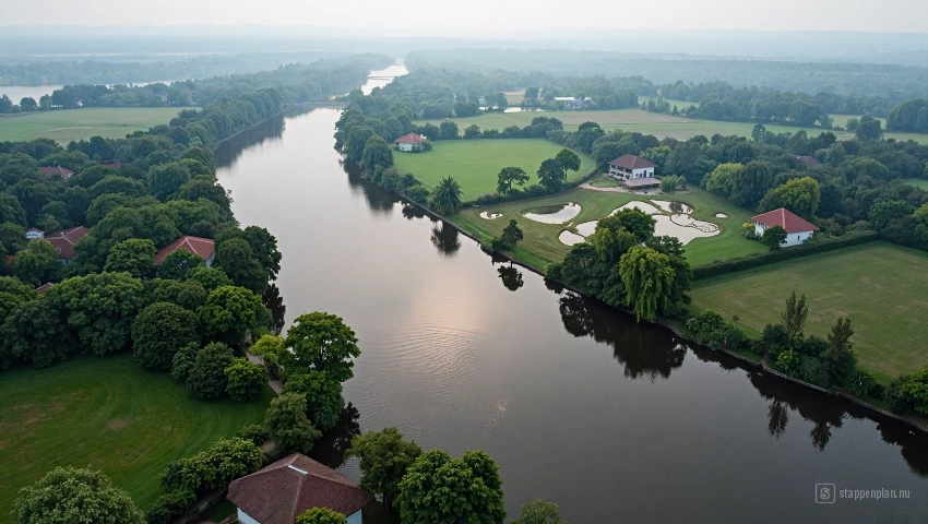 Luchtfoto van een rivierdelta met huizen aan het water.