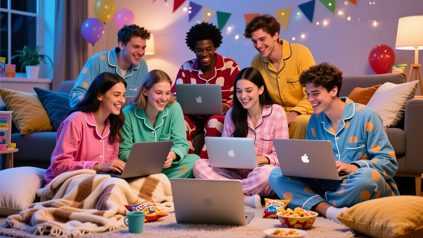 Vriendengroep in pyjama voor virtueel feest.