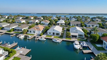 Luchtfoto van een waterrijke wijk met moderne huizen.