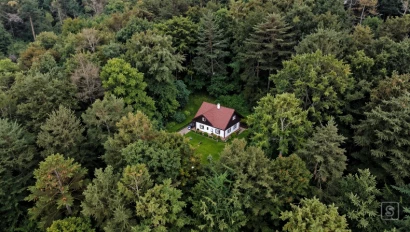 Luchtfoto van een huis in het bos.