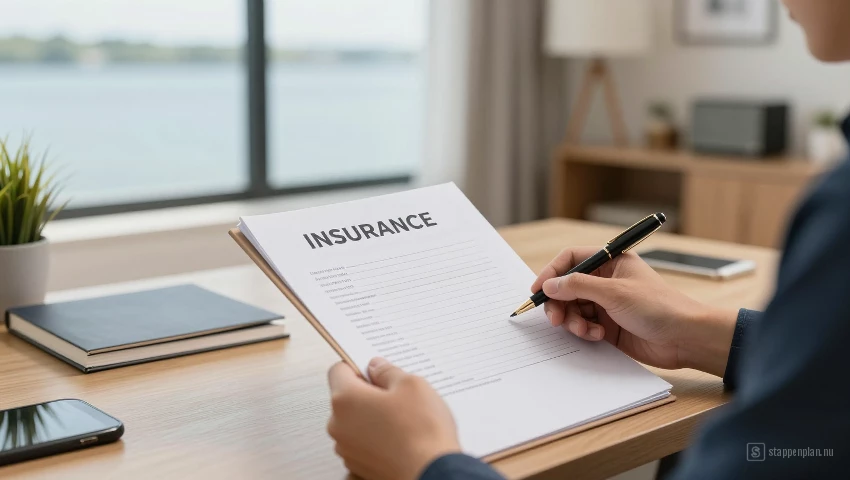 Persoon bekijkt verzekeringsdocumenten met uitzicht op water.