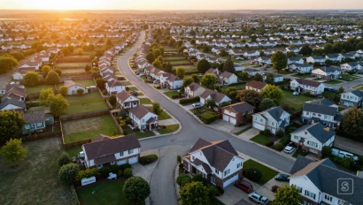 Overzicht van een rustige, groene buurt met nette huizen.