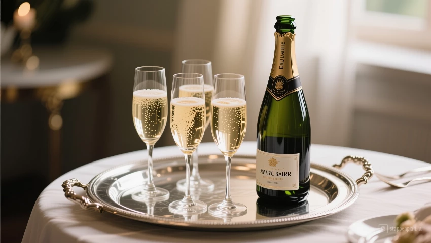 Zilveren dienblad met champagneglazen.