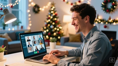 Virtuele vergadering met feestelijke decoraties in huis.