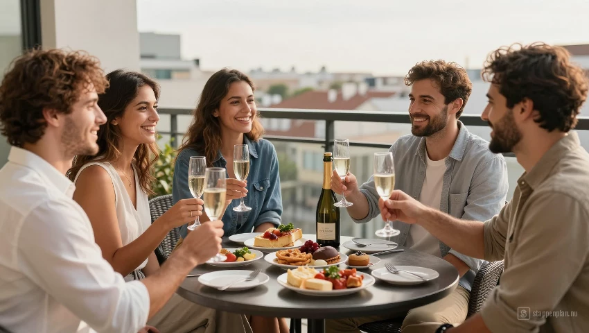 Vrienden genieten van champagne en hapjes.
