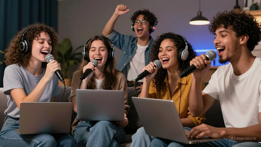 Vrienden zingen karaoke op laptops.