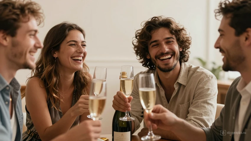 Vrienden lachen en genieten van champagne.