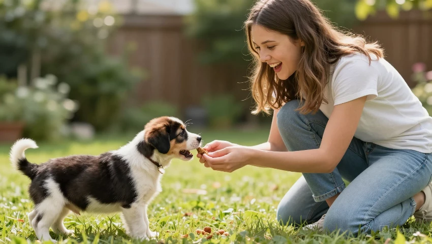 Vrouw beloont puppy met snoepje buiten.