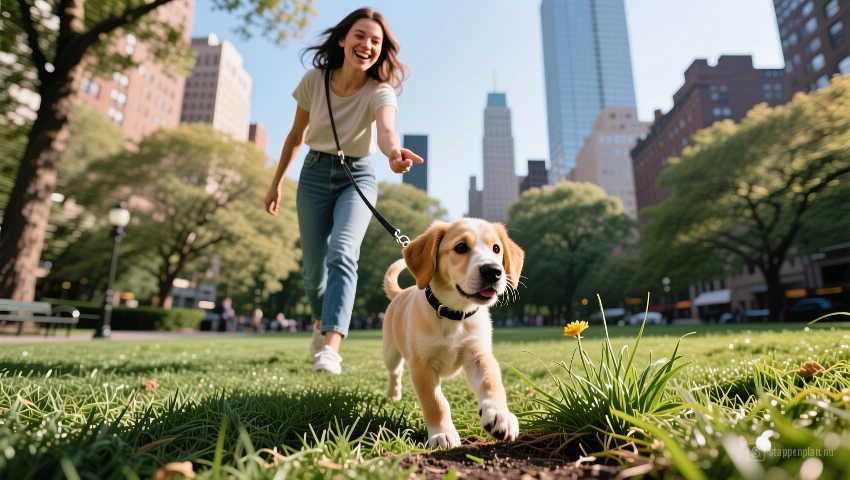 Vrouw leidt puppy naar vaste plasplek in park.