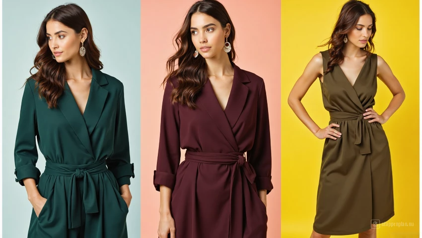 Vrouw draagt een donkere jurk met lichte accessoires.