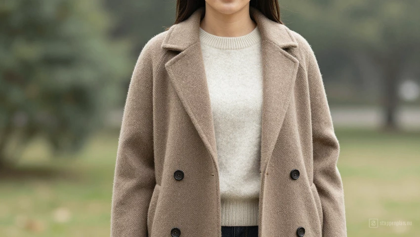 Vrouw draagt een wollen jas en cashmere trui.