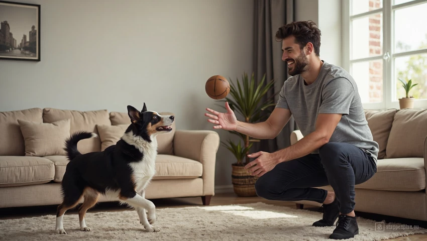 Man speelt apporteer met hond, afleiding en plezier.