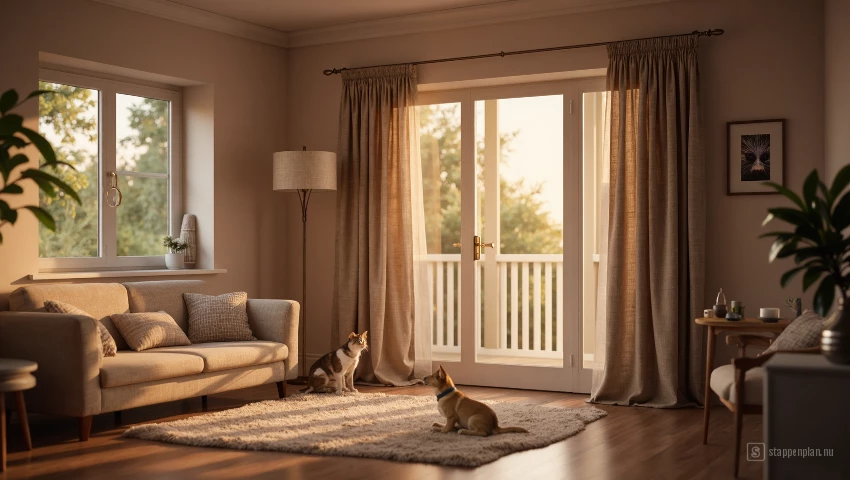3D render: veilige woonkamer, ramen en deuren dicht.