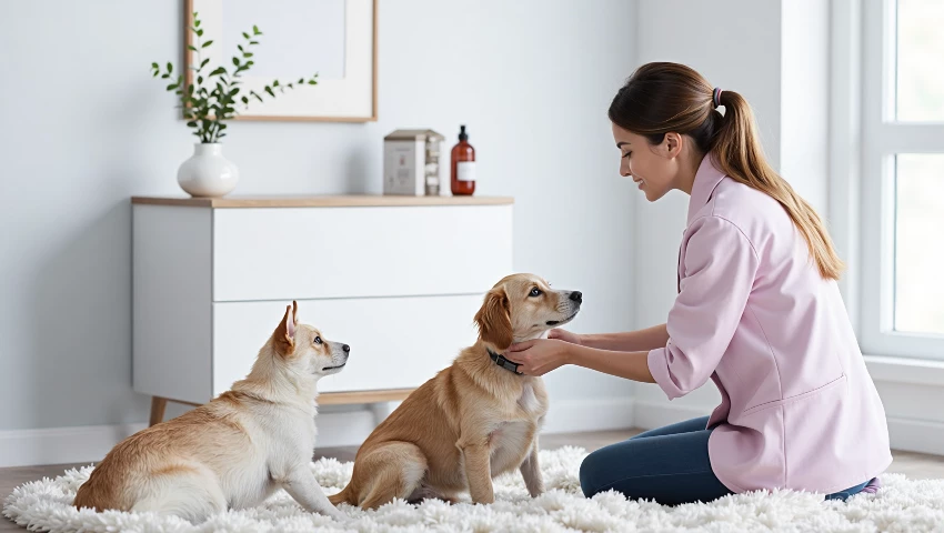 3D render: mens observeert dier met zorg.