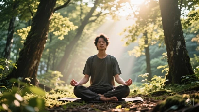 Een persoon mediteert vredig in een serene natuurlijke omgeving, met zonlicht dat door de bomen schijnt.