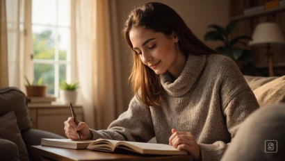 Persoon schrijft in een dagboek in een warme omgeving.