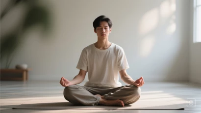 Persoon in meditatie, zachte belichting, rustige sfeer, focus op mindfulness.