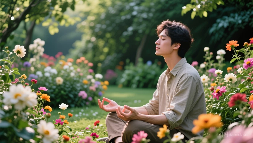 Persoon ervaart zintuigen, kleuren, vormen, texturen, mindfulness, tuin.