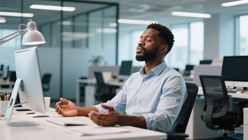 Man beoefent mindfulness op kantoor, rustige sfeer, ademhalingsoefening, dagelijkse routine.