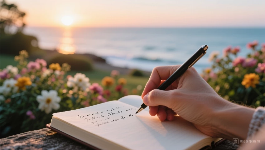 Hand schrijft dankbaarheid met vredige achtergrond.