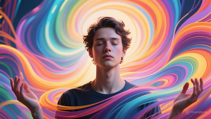 Digitale illustratie van persoon en kleuren, ontspanning.