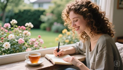 Jonge vrouw schrijft dankbaar met een kop thee.
