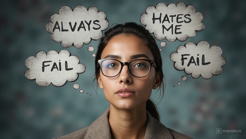 Vrouw met negatieve gedachten en zelfbeeld.